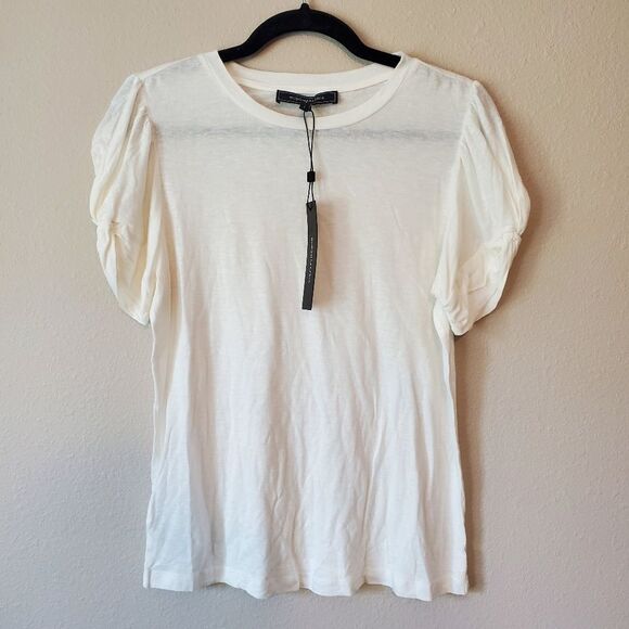BCBGMAXAZRIA Linen-Blend Twisted Puff Sleeve White Tee - Picture 5 of 10